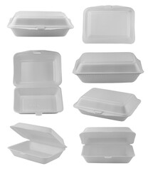 Styrofoam lunch box or white foam clamshell food containers, open and closed. White styrofoam food...