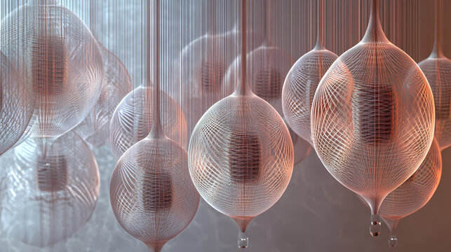 A series of suspended strings each one vibrating at a specific frequency and symbolizing the harmonious balance required in superstring theory. Harmonious. Illustration