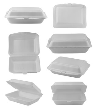Styrofoam lunch box or white foam clamshell food containers, open and closed. White styrofoam food box isolated. Lunch foam box
