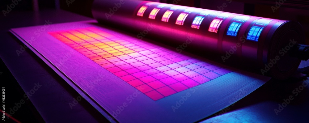 Poster vibrant display of colorful light patterns on a modern interactive screen illuminated by neon colors
