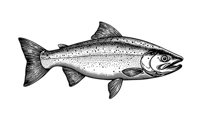 Fish sketch salmon trout. Vintage retro print, black white salmon trout fish sketch ink pencil style drawing, linear drawing, engrave old school. Sketch artwork salmon trout fish. Illustration
