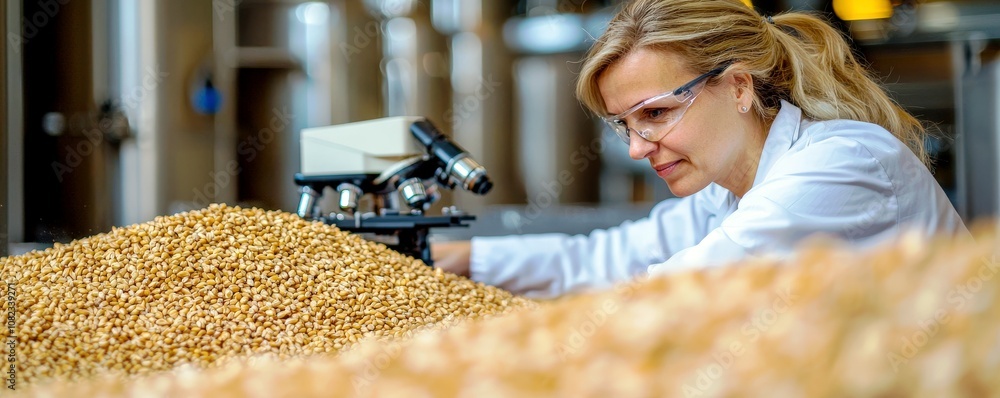 Poster scientist analyzing organic samples with microscope in laboratory setting surrounded by various natu