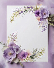 Blank wedding invitation surrounded by watercolor flowers.