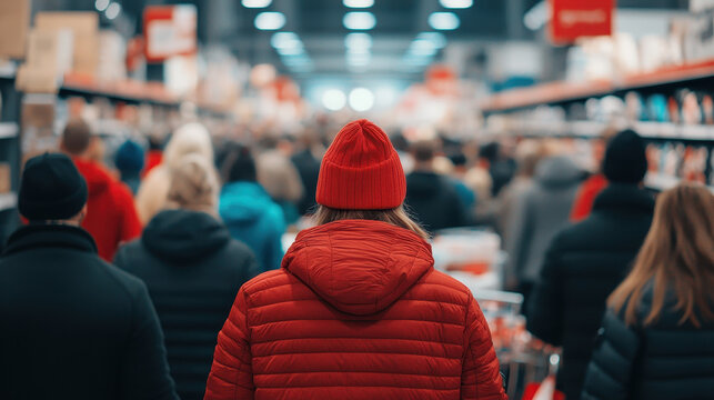 busy retail store filled with shoppers during Black Friday sale, showcasing vibrant atmosphere. crowd is diverse, with many people wearing winter clothing, creating sense of excitement and urgency