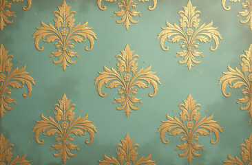 Intricate golden floral patterns inspired by Victorian wallpaper style decorate a green background, exuding elegance and classic beauty. Perfect for luxury design, invitations, and vintage decor theme