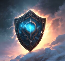 Illustratin of glowing shield in dark background.
