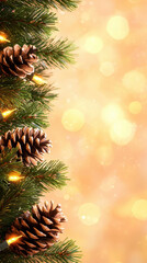 Close up of pine cones on Christmas tree with warm bokeh background, evoking festive atmosphere. Perfect for holiday themed designs