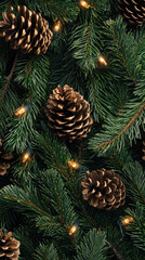 Close up of pine cones and green pine branches with warm lights, creating festive holiday atmosphere. Perfect for seasonal decorations