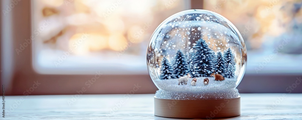 Poster snow globe with winter scene featuring pine trees and bears in a cozy setting captured with soft blu
