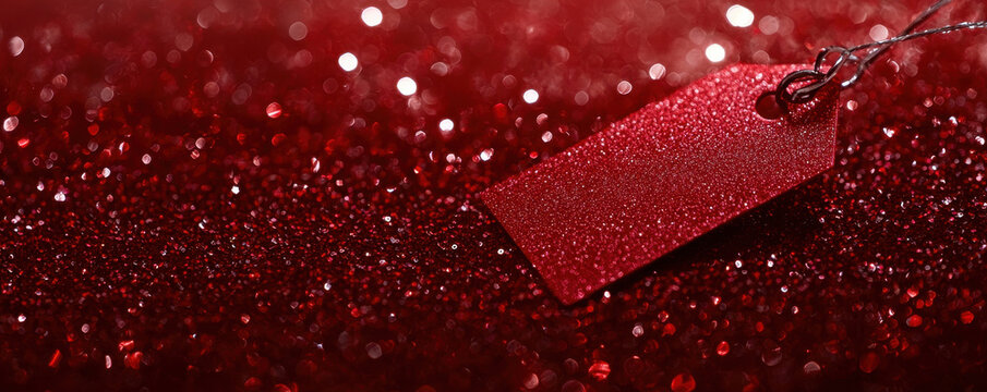 dynamic closeup of red glittery clearance label on festive background, evoking sense of holiday shopping excitement and seasonal sales