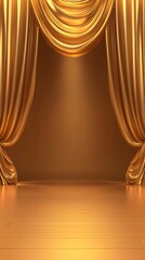 Elegant Golden Stage Curtains with Smooth Drapery Effect Under Soft Lighting Creating a Glorious Atmosphere for Performance or Event Background