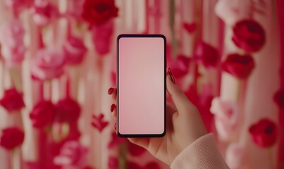 A hand holds a smartphone against a backdrop of pink roses, showcasing a blank screen.