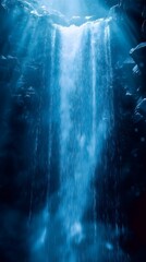 Mystical Blue Waterfall in Dark Cave with Light Rays