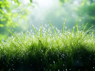 Obraz premium Lush green grass with dew drops glistening in soft sunlight, creating a serene natural scene.
