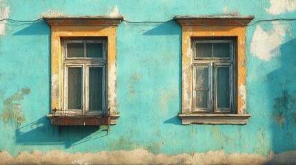 Two weathered windows on a vibrant turquoise wall.