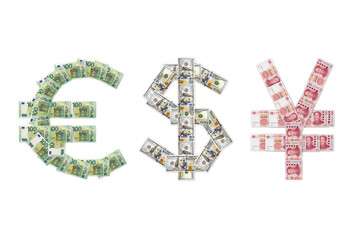 Euros, dollars and yuan sign made from banknotes
