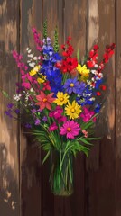 Fototapeta premium Colorful Wildflower Bouquet in Glass Vase on Rustic Wood