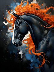 black horse with an orange mane 