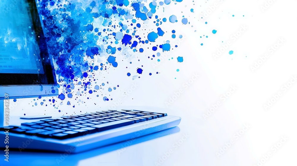 Poster abstract digital workspace with a modern computer keyboard and vibrant blue paint splashes illustrat