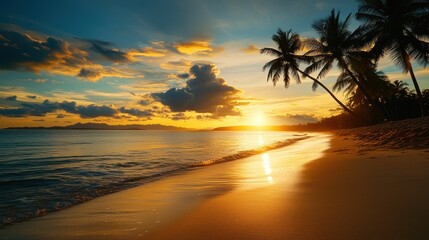 Golden Sunset Over a Tropical Beach with Palm Trees