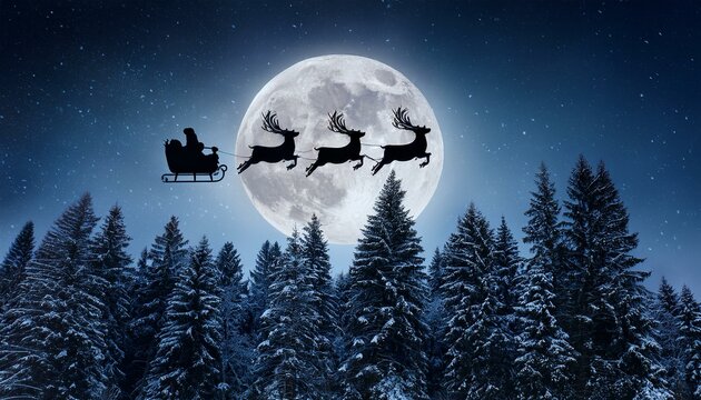 A silhouette of reindeer flying with Santa Claus in a sleigh against a full moon and starry sky over a forest of pine trees  - Powered by Adobe