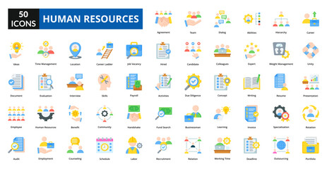 Human Resources flat icon collection set. Includes talent, opportunity, efficiency, skill, supply, solution, system, control, source