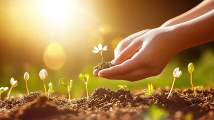 Fototapeta premium Hands Holding a Sprout Against the Sun