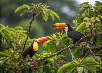 Vibrant Toucans in Lush Greenery - Exotic Wildlife Photography of Colorful Birds in Tropical Forest Settings
