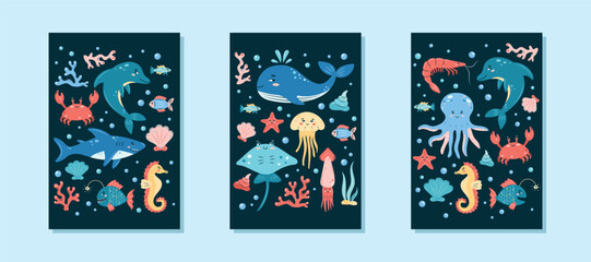 Collection of 3 interior posters with marine animals on dark background. Character in children's style. vector illustration.