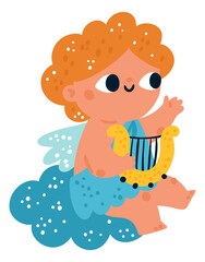 Angel playing harp. Cute adorable baby character
