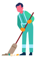 Service worker sweeping street. Trash city cleaning