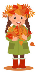 Happy girl with autumn leaves. Nature season kid