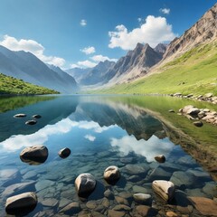 A breathtaking photograph of a mountain lake with mirror-like reflective water. 