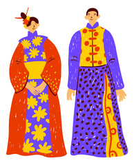 Chinese national costumes. Ancient asian folk clothes