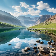 Natural beauty of the high-altitude landscape, with clear skies and lush greenery surrounding the pristine lake.