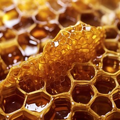 Honeycomb filled with golden honey. The intricate hexagonal structure and rich texture of the honey create a visually appealing and appetizing image.