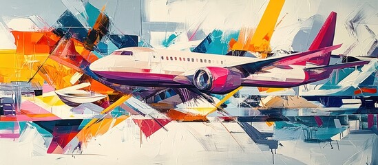 A white airplane with a purple stripe, flying over a city with abstract shapes. The airplane is painted in a vibrant and colorful style.