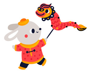 Rabbit with chinese flying kite dragon. Festival decoration