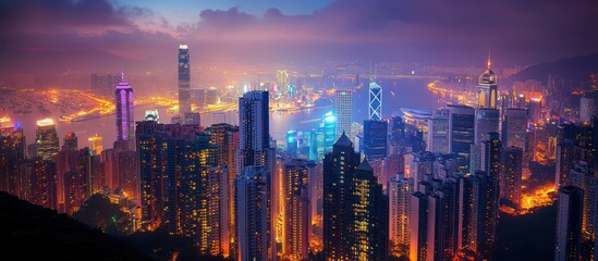 Fototapeta premium Hong Kong skyline with skyscrapers and buildings at sunset.