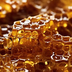 Close-up photograph of a honeycomb filled with golden honey. The intricate hexagonal structure and rich texture of the honey create a visually appealing and appetizing image.