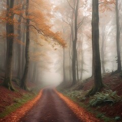 Foggy forest path in autumn. The misty environment and fallen leaves create a serene and tranquil scene, perfect for a peaceful nature walk.