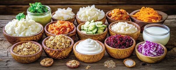 Colorful Assortment of Fresh Ingredients in Wooden Bowls for Healthy Cooking and Meal Preparation, Including Vegetables, Fruits, Grains, and Sauces