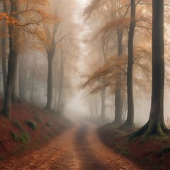 Enchanting and atmospheric photograph of a foggy forest path in autumn. The misty environment and fallen leaves create a serene and tranquil scene, perfect for a peaceful nature walk.