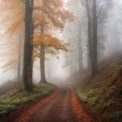 Forest path in autumn. The misty environment and fallen leaves create a serene and tranquil scene, perfect for a peaceful nature walk.