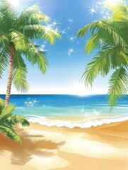 Obraz premium A serene beach scene with palm trees and a sparkling ocean under a bright sky.