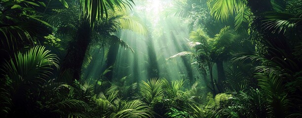Lush Green Jungle with Sunlight Streaming Through Dense Foliage Creating a Serene and Tranquil Atmosphere in a Tropical Forest Landscape