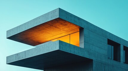 Obraz premium Modern concrete house with large windows and a cantilevered roof.