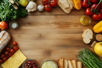 Different healthy food with diet plan on wooden table.