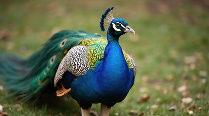 Obraz premium Vibrant Peacock Showcasing Its Magnificent Colorful Plumage
