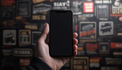 A hand holding a blank smartphone in front of a patterned wall.